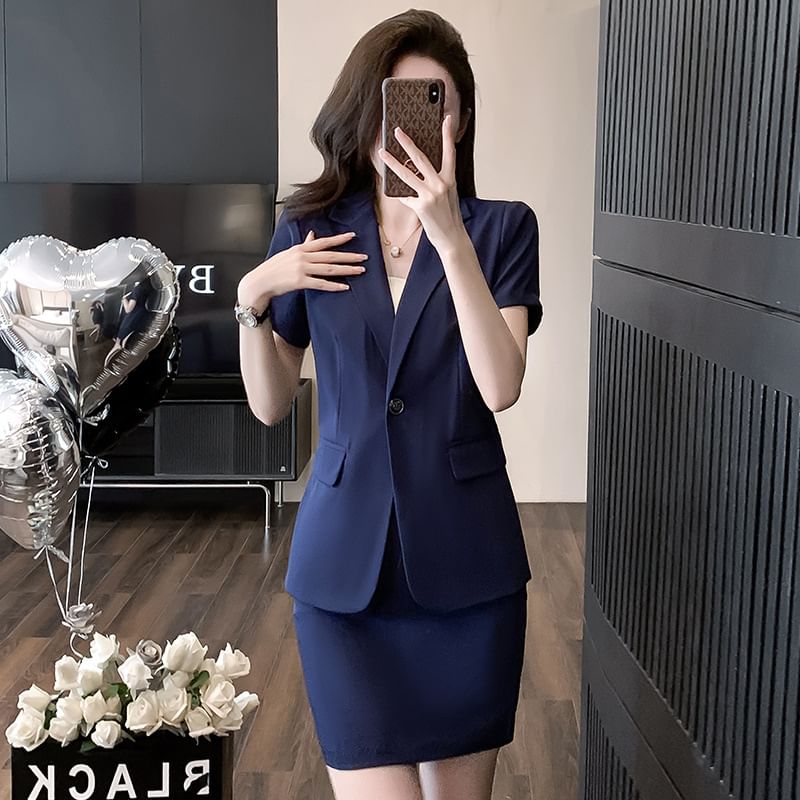 Short Sleeve Notch Lapel Blazer with Cropped Slacks and Mini Pencil Skirt Set
