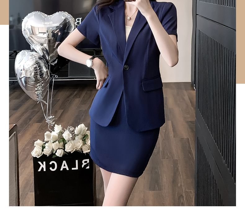 Short Sleeve Notch Lapel Blazer with Cropped Slacks and Mini Pencil Skirt Set