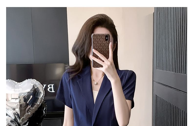 Short Sleeve Notch Lapel Blazer with Cropped Slacks and Mini Pencil Skirt Set
