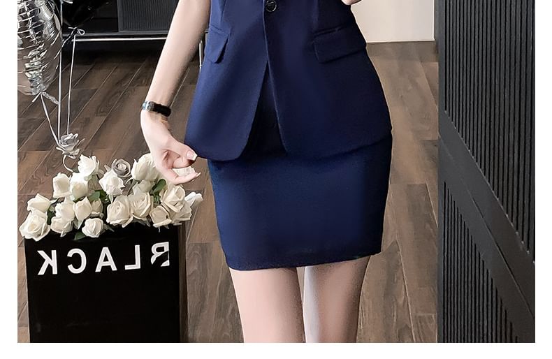 Short Sleeve Notch Lapel Blazer with Cropped Slacks and Mini Pencil Skirt Set