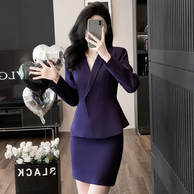 Shawl Lapel Hidden Button Blazer with Cropped Suit Pants, Mini Skirt, and V-Neck Blouse Set