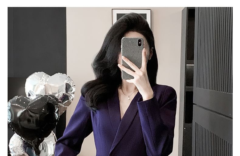 Shawl Lapel Hidden Button Blazer with Cropped Suit Pants, Mini Skirt, and V-Neck Blouse Set