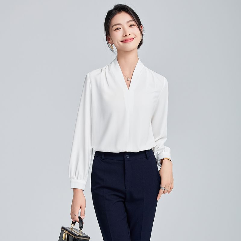 Long Sleeve V-Neck Blouse with Straight Leg Trousers and Mini Pencil Skirt Set
