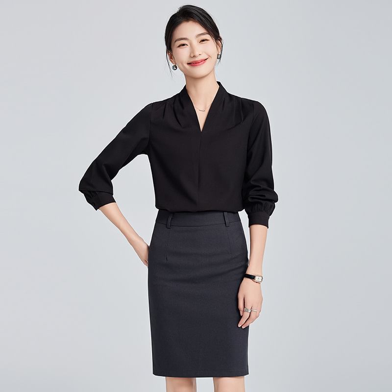 Long Sleeve V-Neck Blouse with Straight Leg Trousers and Mini Pencil Skirt Set
