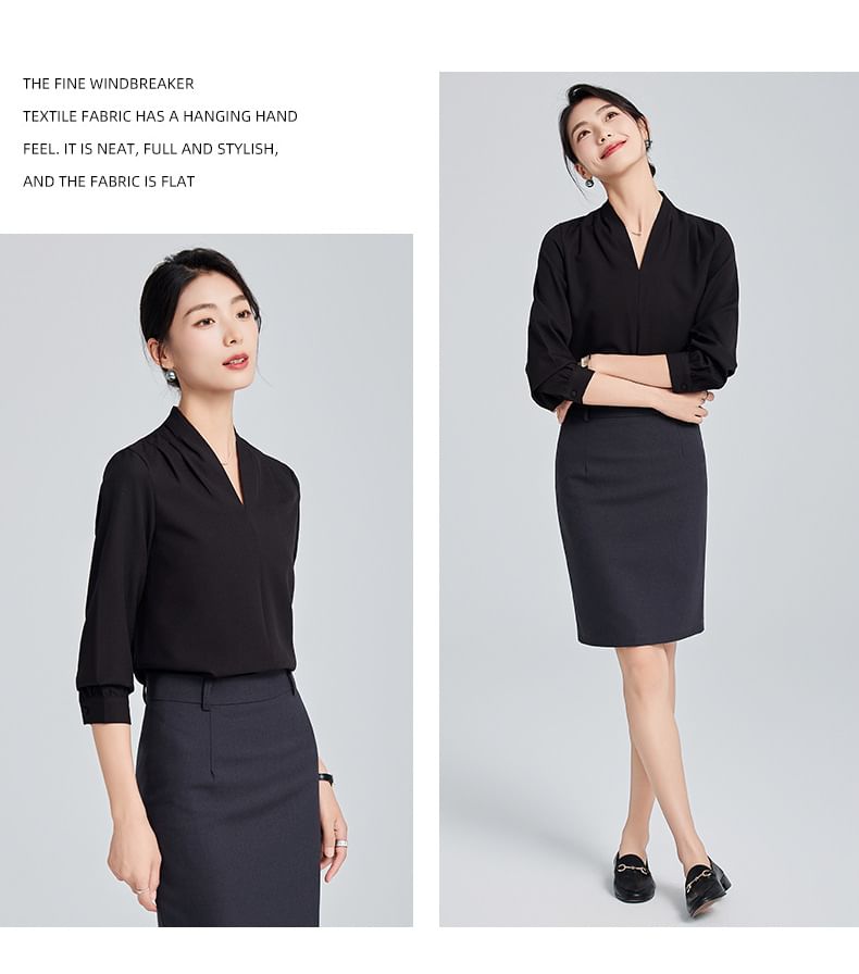 Long Sleeve V-Neck Blouse with Straight Leg Trousers and Mini Pencil Skirt Set