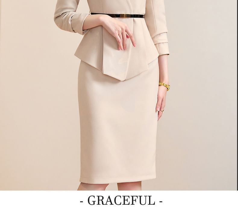 V-Neck Hidden Button Blazer with Midi Pencil Skirt and Long Sleeve Blouse Set