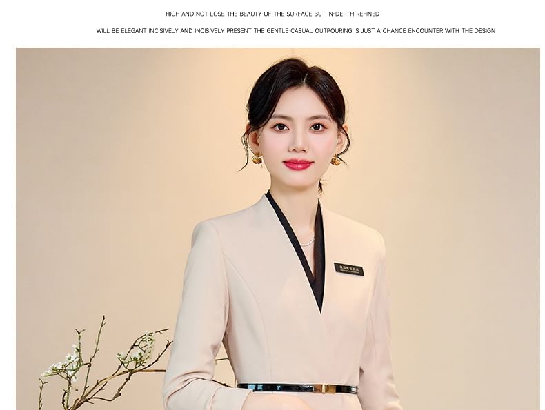 V-Neck Hidden Button Blazer with Midi Pencil Skirt and Long Sleeve Blouse Set