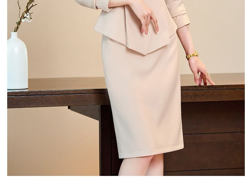 V-Neck Hidden Button Blazer with Midi Pencil Skirt and Long Sleeve Blouse Set