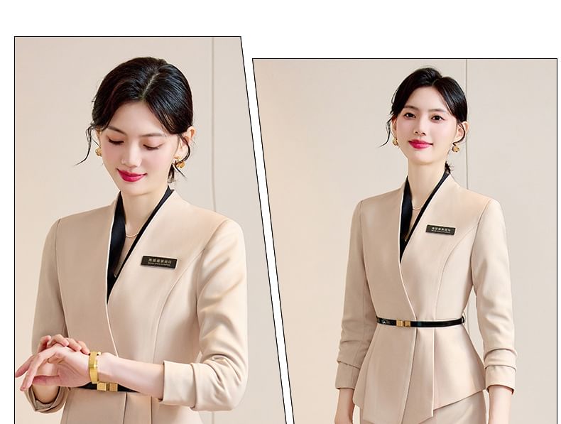 V-Neck Hidden Button Blazer with Midi Pencil Skirt and Long Sleeve Blouse Set