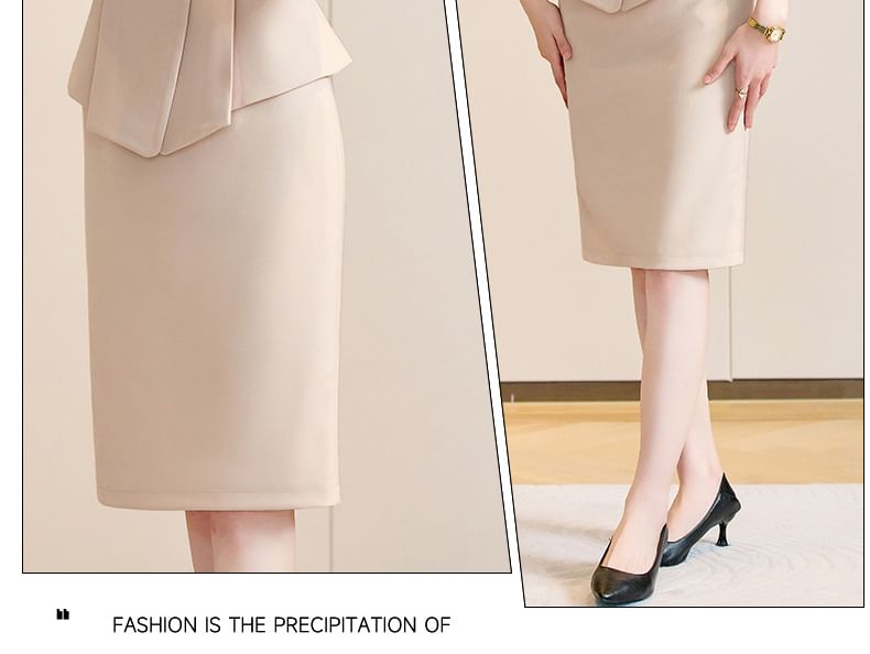 V-Neck Hidden Button Blazer with Midi Pencil Skirt and Long Sleeve Blouse Set