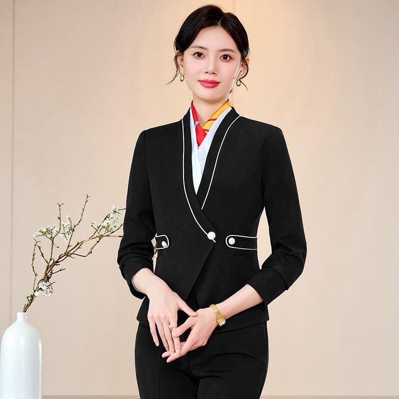 V-Neck Contrast Trim Wrap Blazer with Vest, Cropped Trousers, Mini Skirt, and Blouse Set