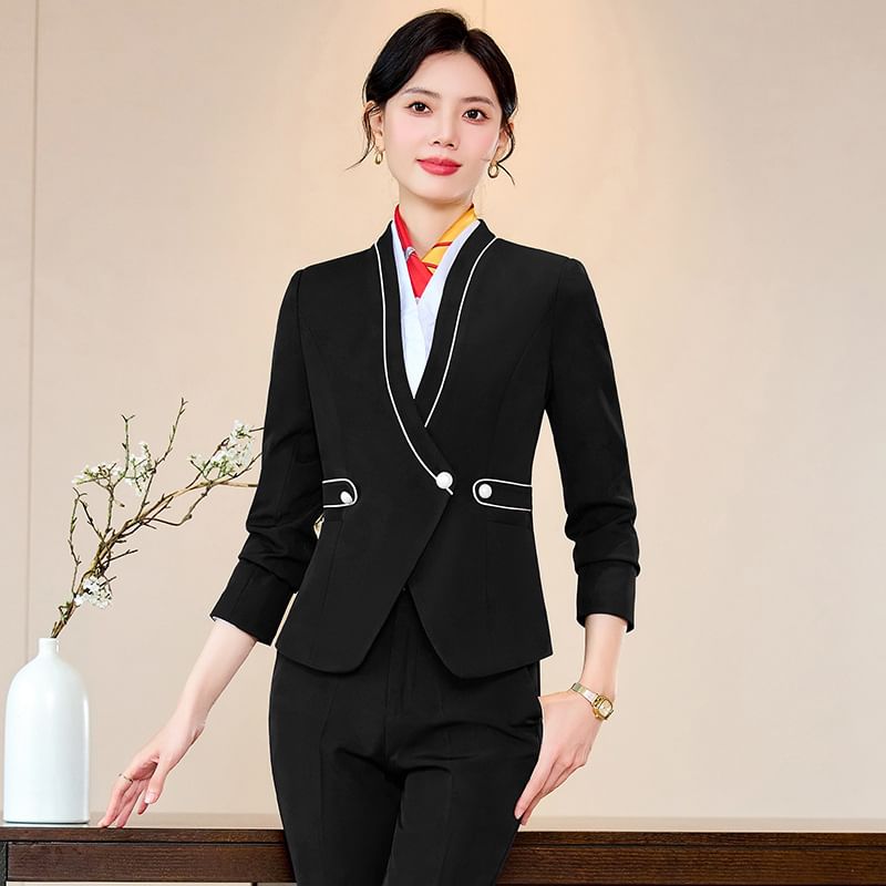 V-Neck Contrast Trim Wrap Blazer with Vest, Cropped Trousers, Mini Skirt, and Blouse Set