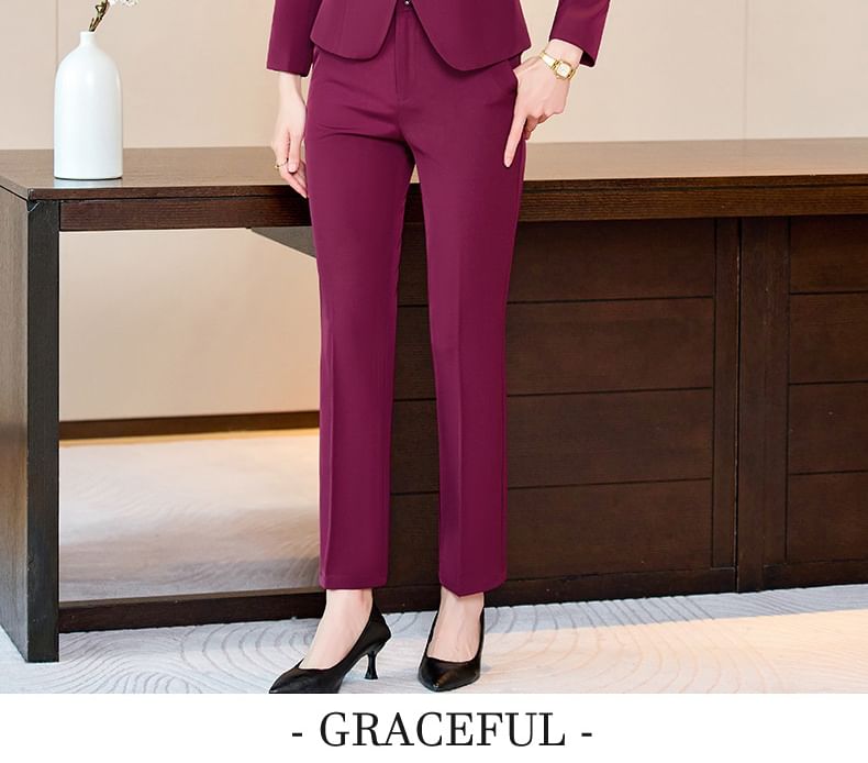 V-Neck Contrast Trim Wrap Blazer with Vest, Cropped Trousers, Mini Skirt, and Blouse Set