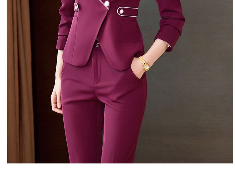 V-Neck Contrast Trim Wrap Blazer with Vest, Cropped Trousers, Mini Skirt, and Blouse Set