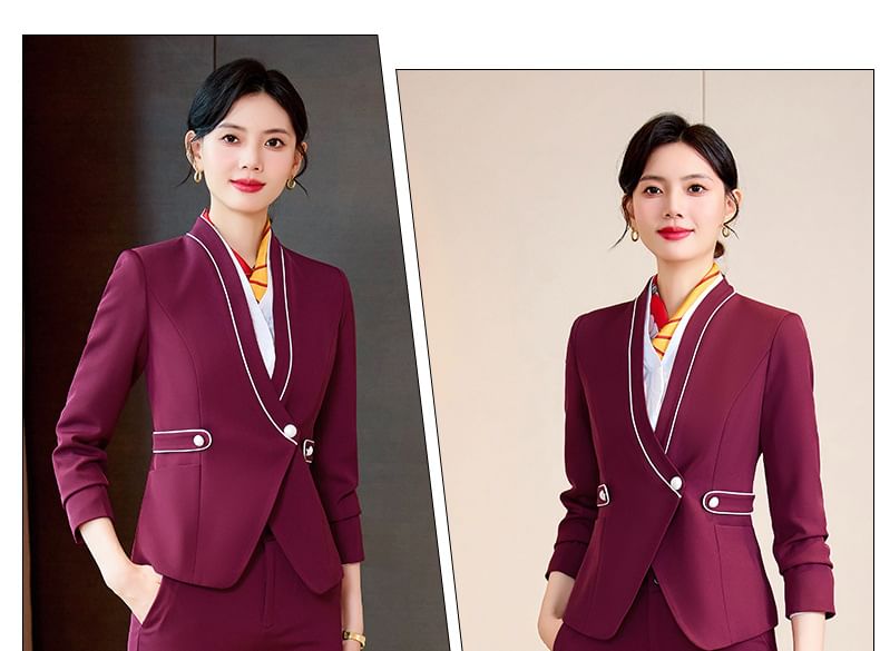 V-Neck Contrast Trim Wrap Blazer with Vest, Cropped Trousers, Mini Skirt, and Blouse Set