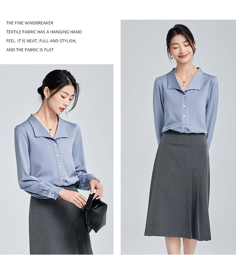Long Sleeve Collared Blouse with High Rise Pleated Midi Flared Skirt Set
