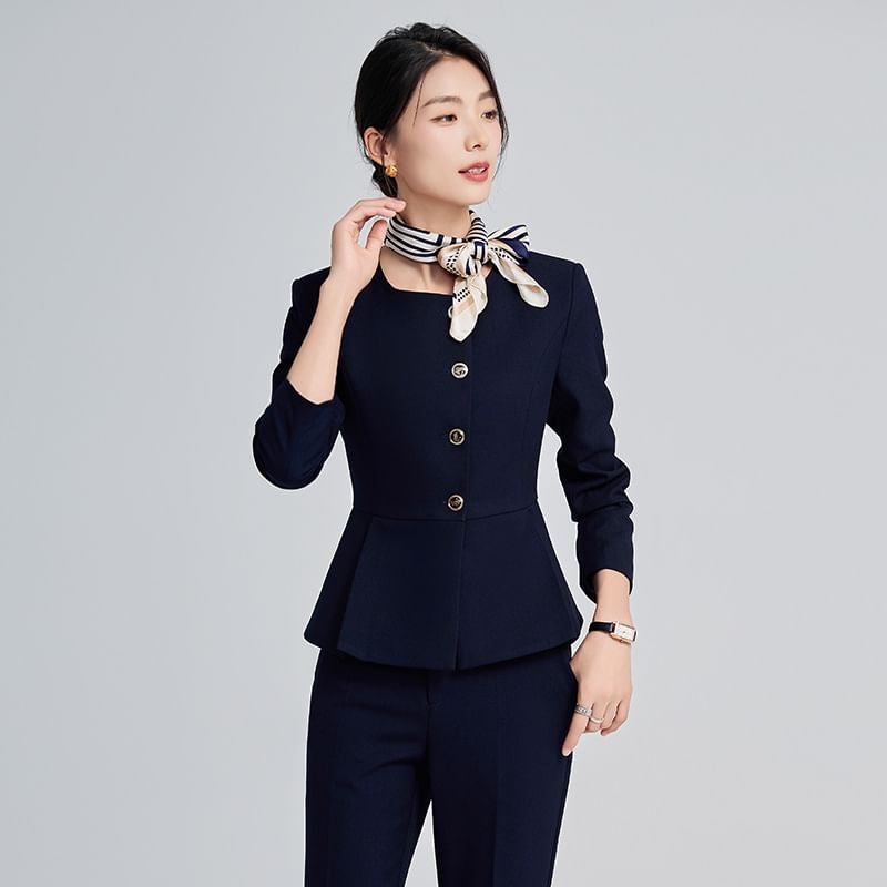 Round Neck Peplum Single Breasted Blazer with Straight Leg Pants and Mini Skirt Set