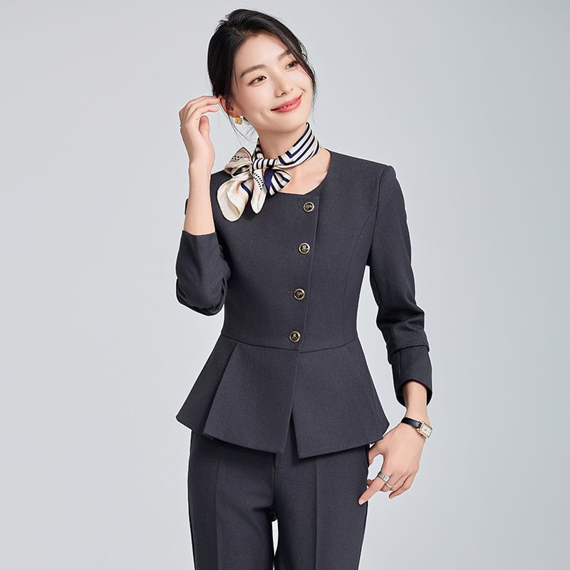 Round Neck Peplum Single Breasted Blazer with Straight Leg Pants and Mini Skirt Set