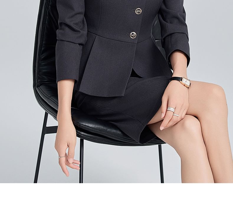 Round Neck Peplum Single Breasted Blazer with Straight Leg Pants and Mini Skirt Set