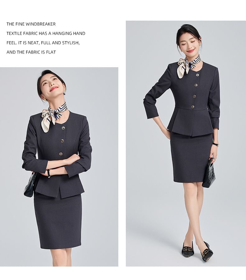 Round Neck Peplum Single Breasted Blazer with Straight Leg Pants and Mini Skirt Set
