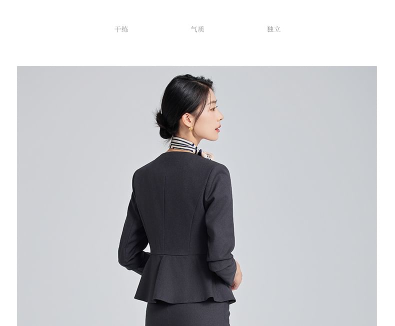 Round Neck Peplum Single Breasted Blazer with Straight Leg Pants and Mini Skirt Set