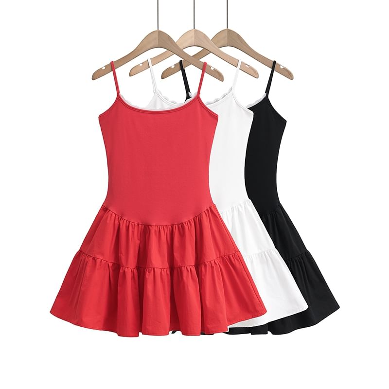 Scoop Neck Lace Trim Open Back Mini A-Line Spaghetti Strap Dress
