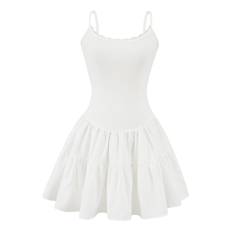 Scoop Neck Lace Trim Open Back Mini A-Line Spaghetti Strap Dress