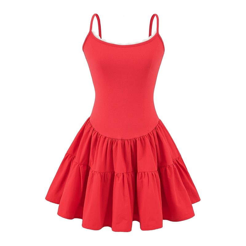 Scoop Neck Lace Trim Open Back Mini A-Line Spaghetti Strap Dress