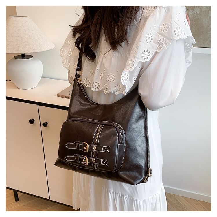 Faux Leather Buckled Shoulder Bag