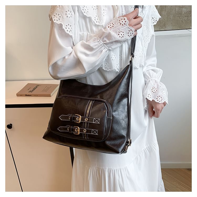 Faux Leather Buckled Shoulder Bag