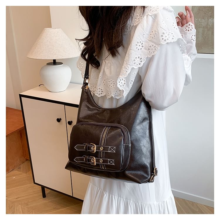 Faux Leather Buckled Shoulder Bag
