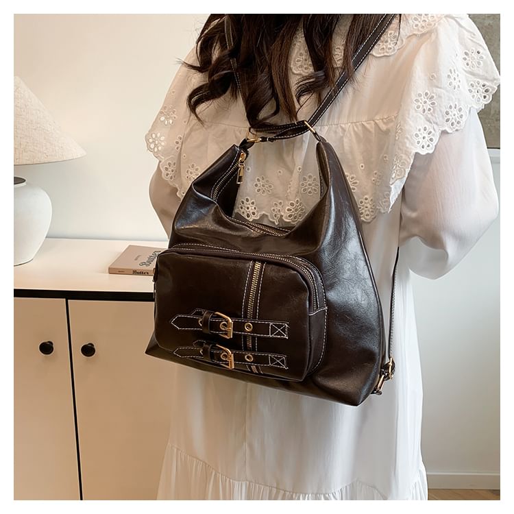 Faux Leather Buckled Shoulder Bag
