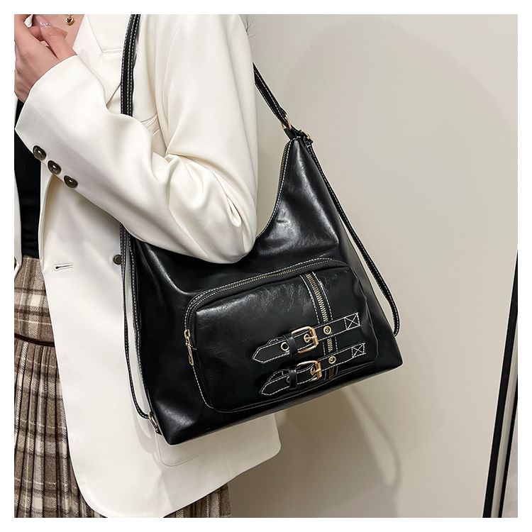 Faux Leather Buckled Shoulder Bag