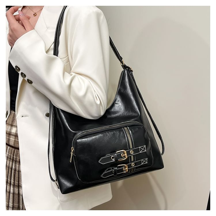 Faux Leather Buckled Shoulder Bag