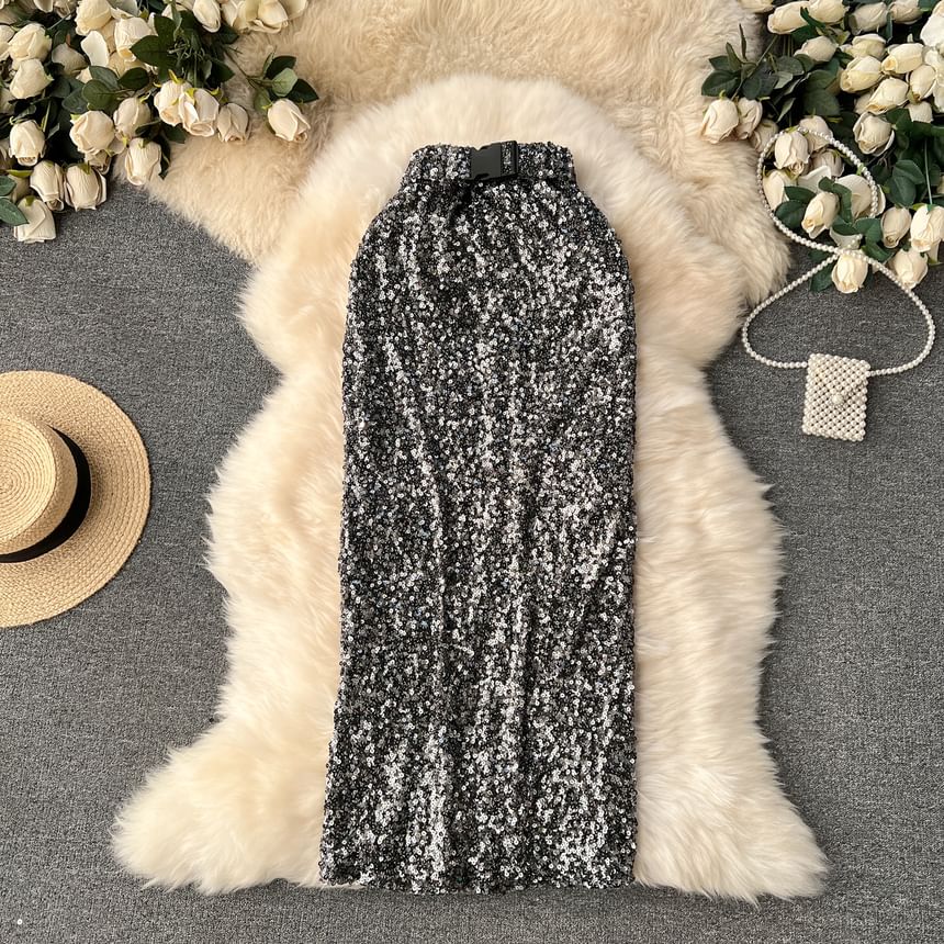 High Rise Sequin Flared Maxi Skirt