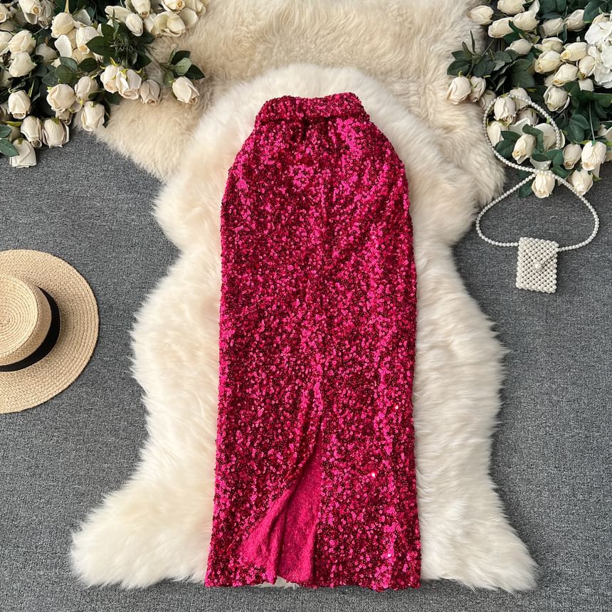 High Rise Sequin Flared Maxi Skirt