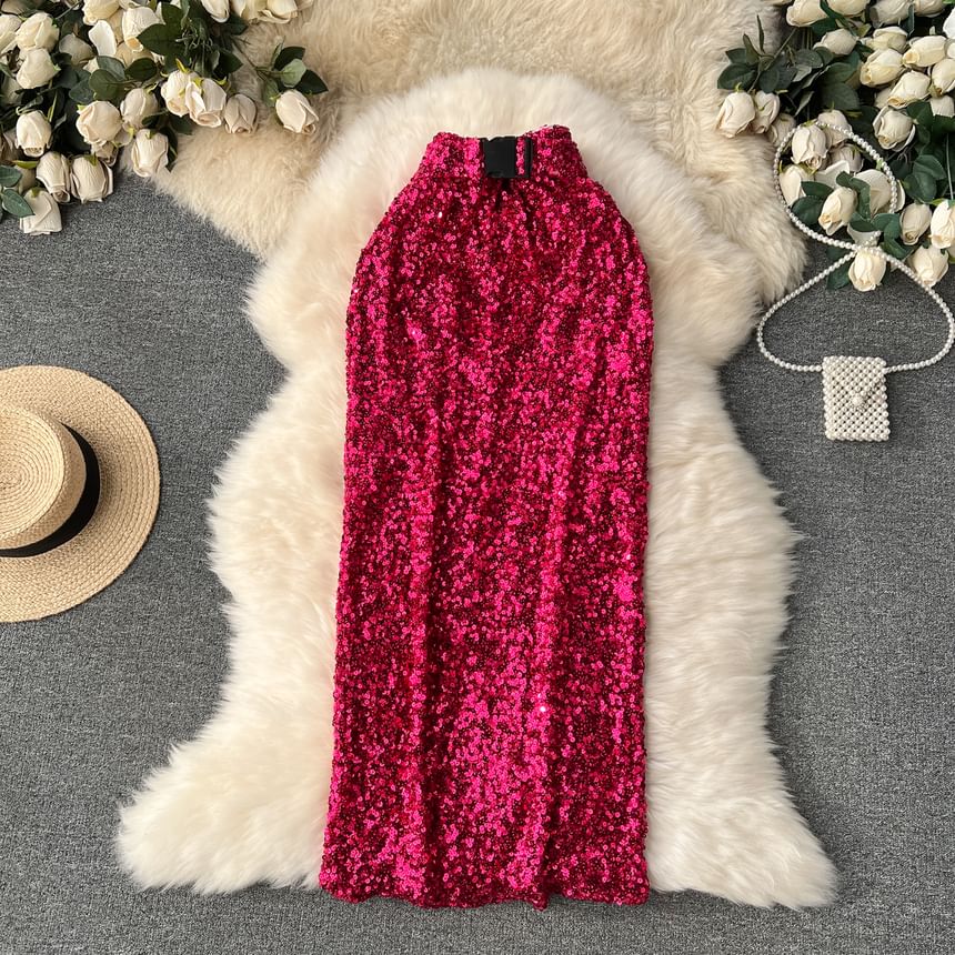 High Rise Sequin Flared Maxi Skirt