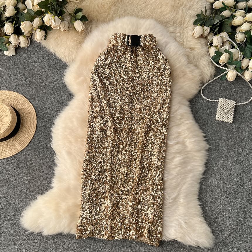 High Rise Sequin Flared Maxi Skirt