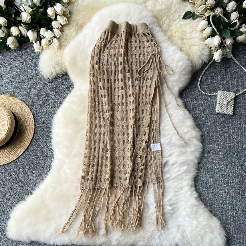 High Rise Perforated Fringed Long Skirt
