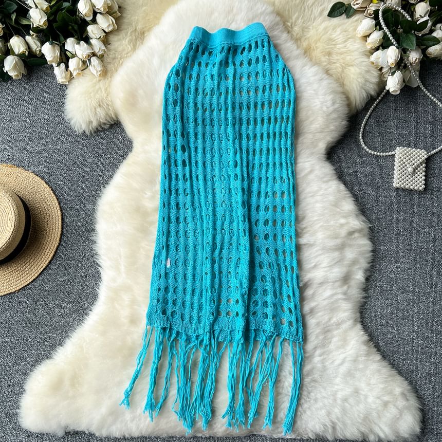 High Rise Perforated Fringed Long Skirt