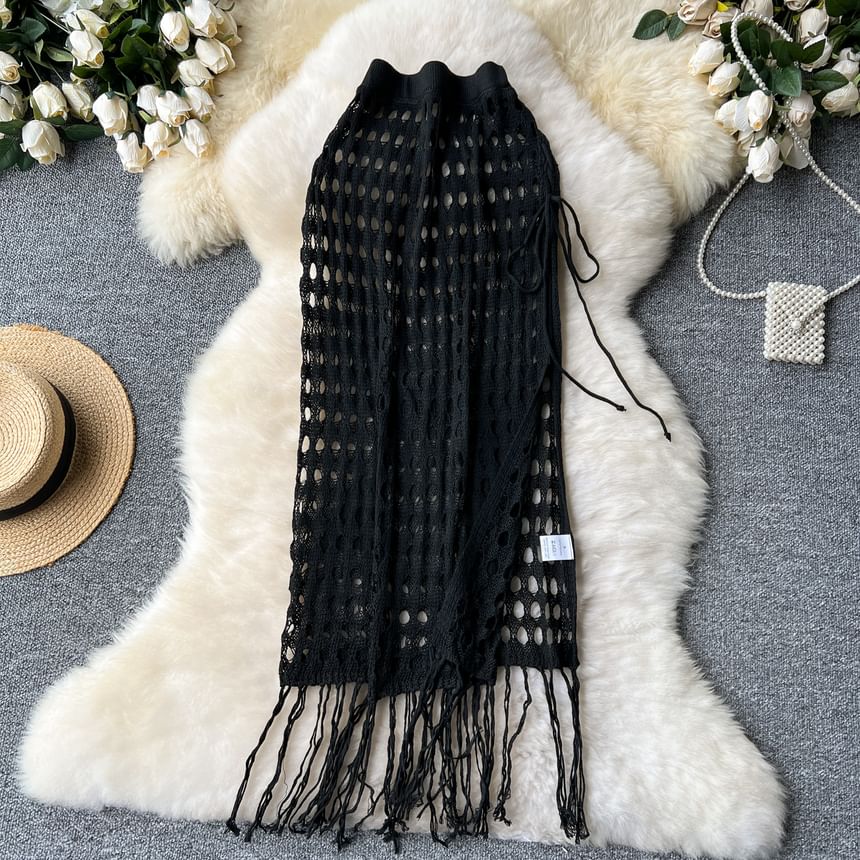 High Rise Perforated Fringed Long Skirt