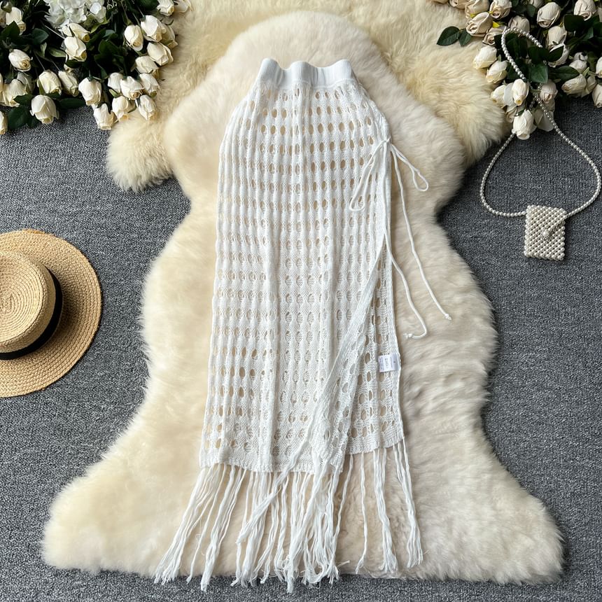 High Rise Perforated Fringed Long Skirt