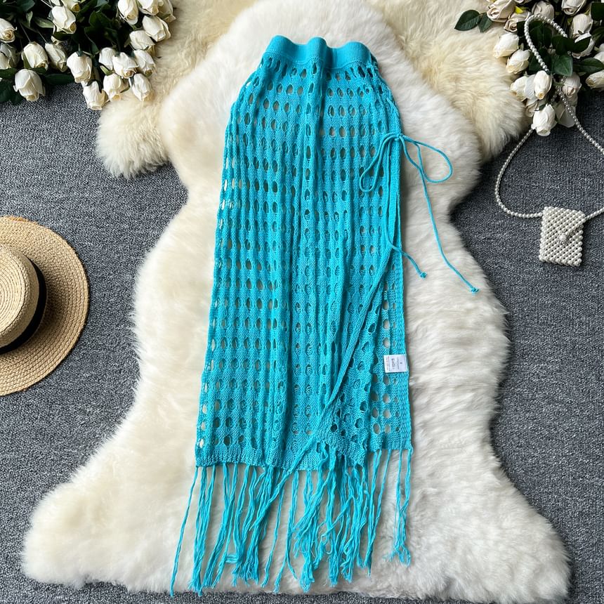 High Rise Perforated Fringed Long Skirt