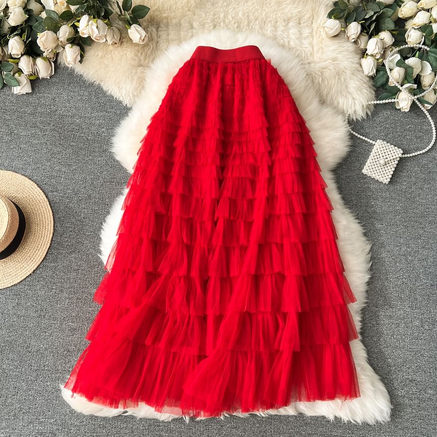 High Rise Mesh Layered Maxi Skirt