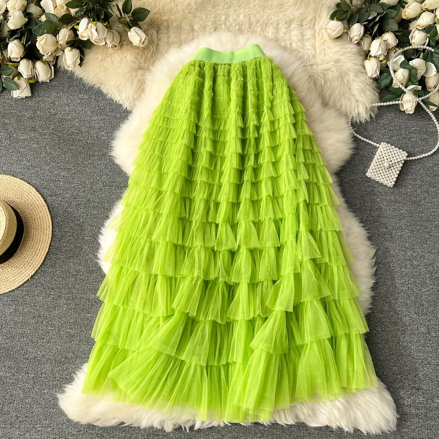 High Rise Mesh Layered Maxi Skirt