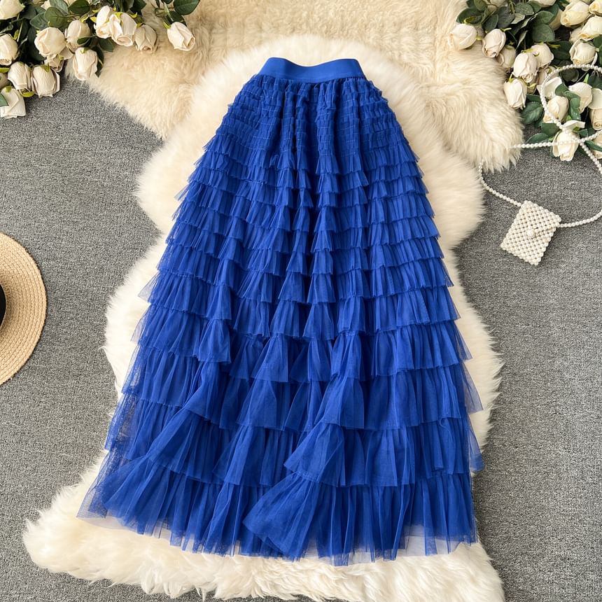 High Rise Mesh Layered Maxi Skirt