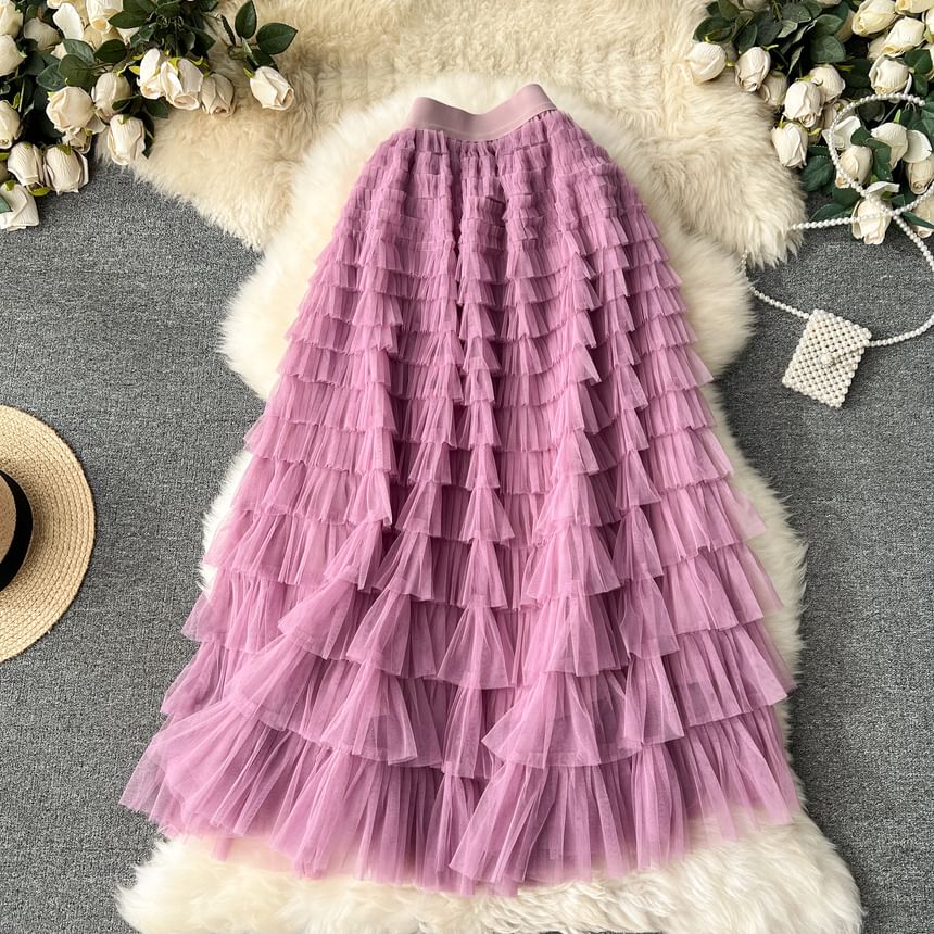 High Rise Mesh Layered Maxi Skirt