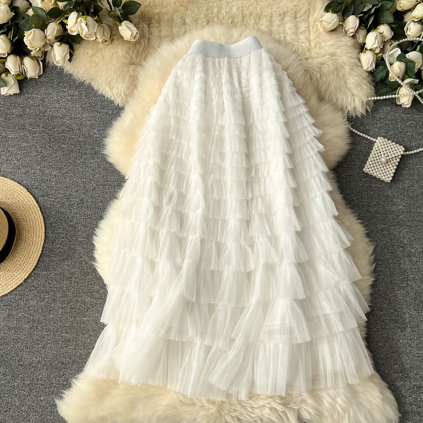 High Rise Mesh Layered Maxi Skirt