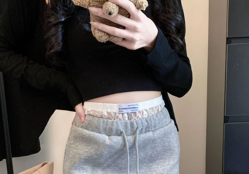 Mock Two-Piece High Waist Lace Panel Mini Flared Skirt