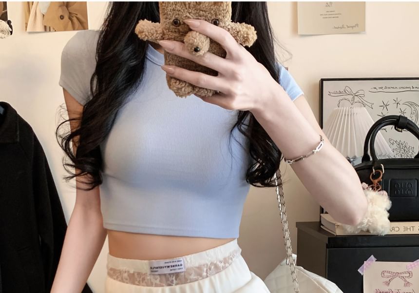 Mock Two-Piece High Waist Lace Panel Mini Flared Skirt